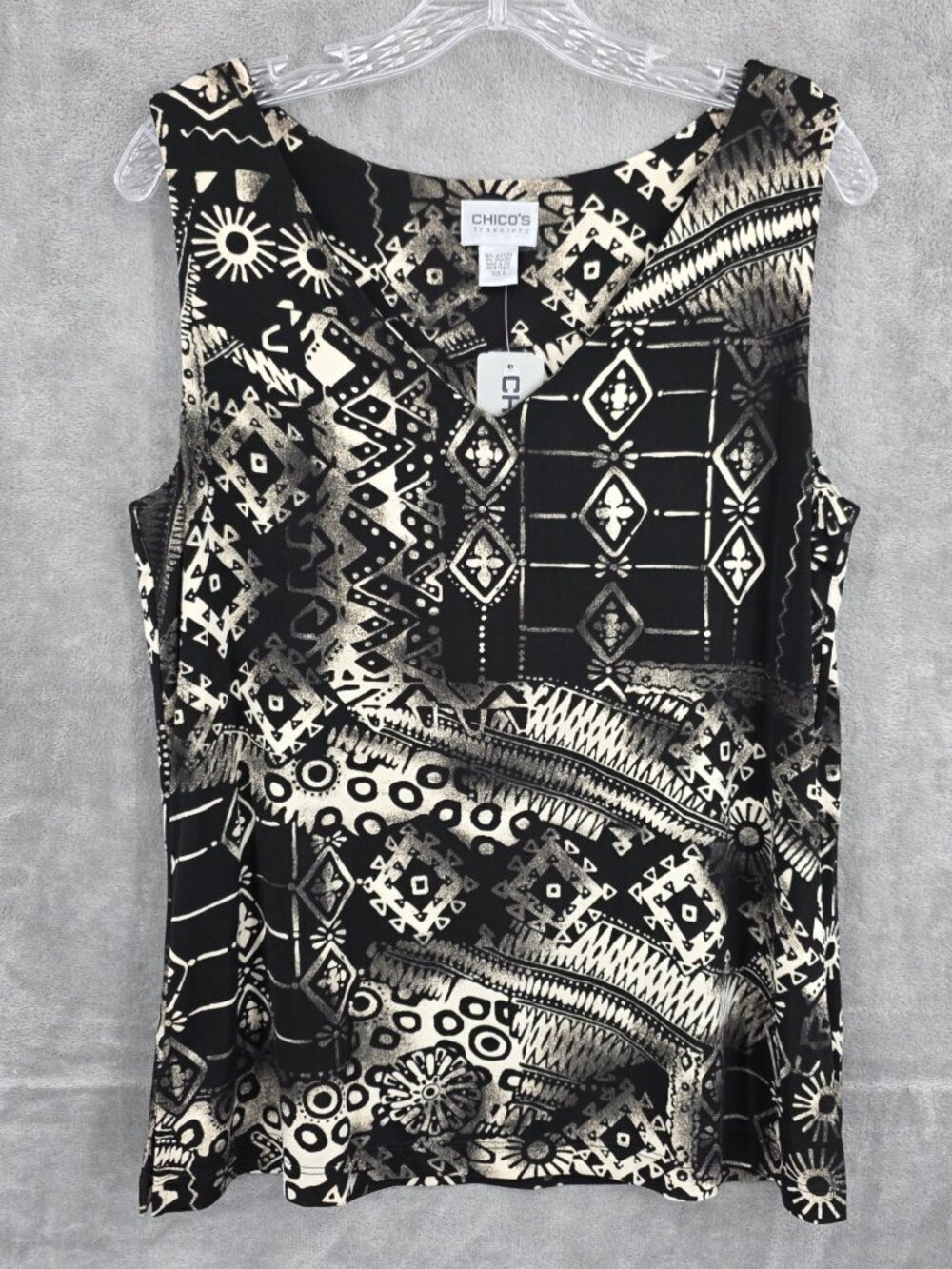Chicos Traveler Tribal Sun Liliana Tank 3 Black Ecru Slinky Acetate USA Made New